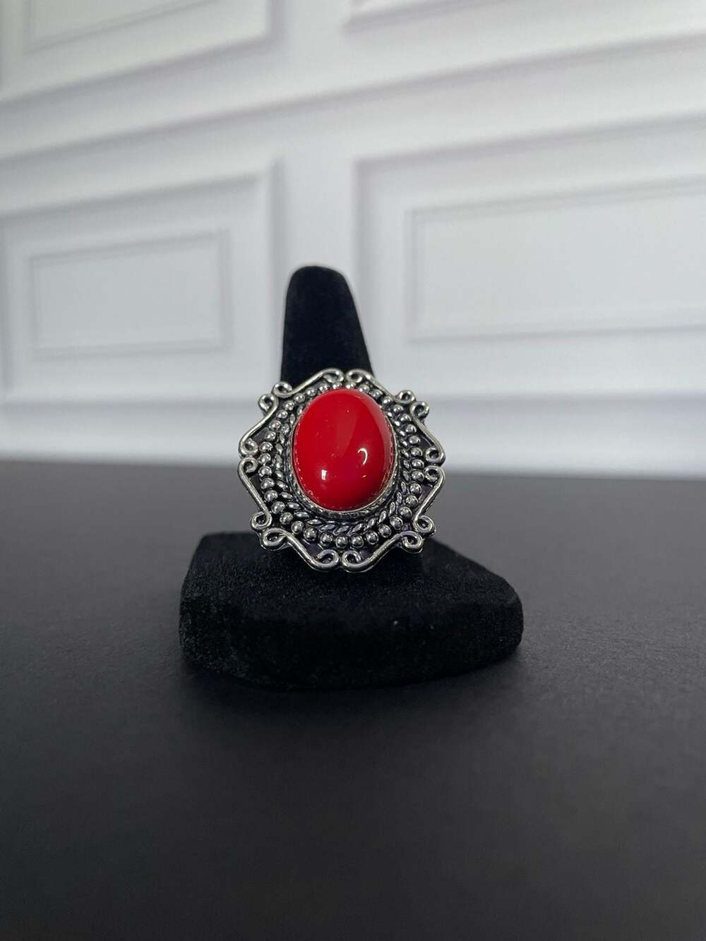 German Silver Red Coral Oval Ornate Statement Ring Size 8